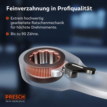 Transparente Detailansicht der Ratschenmechanik: Das Ringende verfügt über eine hochwertige Feinverzahnung mit bis zu 90 Zähnen für höchste Drehmomente und Langlebigkeit.