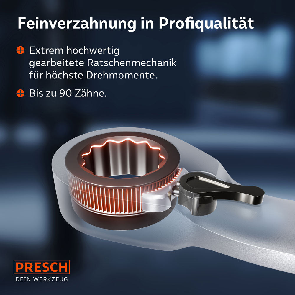 Transparente Detailansicht der Ratschenmechanik: Das Ringende verfügt über eine hochwertige Feinverzahnung mit bis zu 90 Zähnen für höchste Drehmomente und Langlebigkeit.