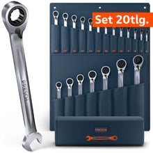 Umfangreiches umschaltbares 20-teiliges PRESCH Ratschenschlüssel Set in einer großen, dunkelblauen Rolltasche. Das Set deckt den Bereich von 6mm bis 32mm ab. Im Vordergrund wird ein massiver Schlüssel mit Ring-Ratschenseite und Maulseite detailliert präsentiert.