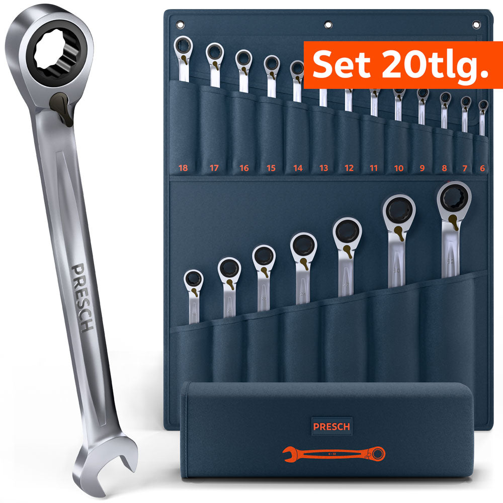 Umfangreiches umschaltbares 20-teiliges PRESCH Ratschenschlüssel Set in einer großen, dunkelblauen Rolltasche. Das Set deckt den Bereich von 6mm bis 32mm ab. Im Vordergrund wird ein massiver Schlüssel mit Ring-Ratschenseite und Maulseite detailliert präsentiert.