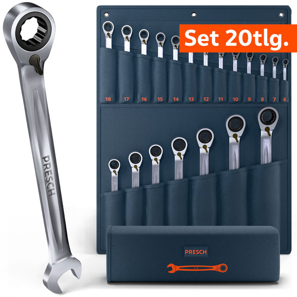 Umfangreiches umschaltbares 20-teiliges PRESCH Ratschenschlüssel Set in einer großen, dunkelblauen Rolltasche. Das Set deckt den Bereich von 6mm bis 32mm ab. Im Vordergrund wird ein massiver Schlüssel mit Ring-Ratschenseite und Maulseite detailliert präsentiert.