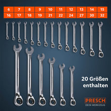 Übersichtsgrafik des vollständigen Sets: Alle 20 Schlüsselweiten (6, 7, 8, 9, 10, 11, 12, 13, 14, 15, 16, 17, 18, 19, 21, 22, 24, 27, 30 und 32 mm) sind der Größe nach sortiert abgebildet.