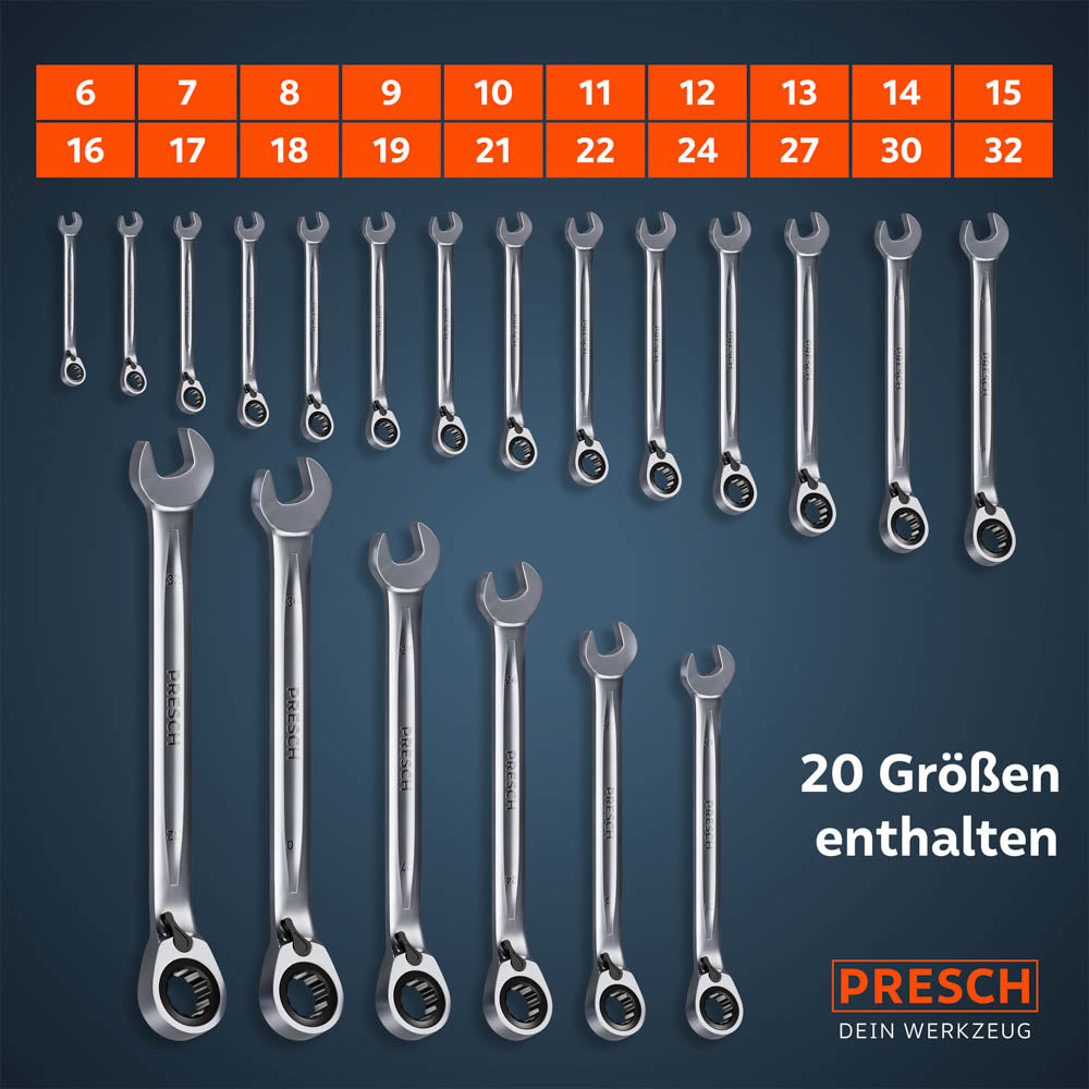 Übersichtsgrafik des vollständigen Sets: Alle 20 Schlüsselweiten (6, 7, 8, 9, 10, 11, 12, 13, 14, 15, 16, 17, 18, 19, 21, 22, 24, 27, 30 und 32 mm) sind der Größe nach sortiert abgebildet.
