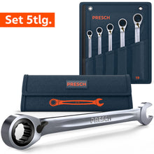 5-teiliges PRESCH Ratschenschlüssel-Set mit praktischer Umschaltfunktion in einer dunkelblauen Rolltasche. Enthalten sind die Größen 8, 10, 13, 17 und 19 mm. Im Vordergrund wird ein einzelner Schlüssel mit der umschaltbaren Ratschenseite und der Maulseite detailliert abgebildet.