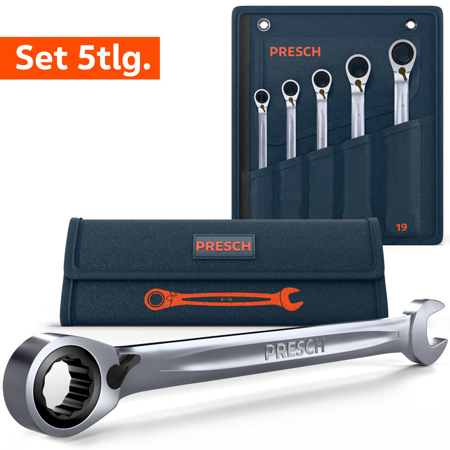 5-teiliges PRESCH Ratschenschlüssel-Set mit praktischer Umschaltfunktion in einer dunkelblauen Rolltasche. Enthalten sind die Größen 8, 10, 13, 17 und 19 mm. Im Vordergrund wird ein einzelner Schlüssel mit der umschaltbaren Ratschenseite und der Maulseite detailliert abgebildet.