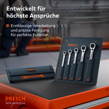 Das umschaltbare 5-teilige Set präsentiert in der Rolltasche auf einem Werkstattwagen. Die erstklassige Verarbeitung ist für den professionellen Einsatz in Industrie und Handwerk ausgelegt.