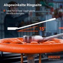 Darstellung eines Schlüssels im Einsatz an einem Ventilrad. Die 15°-Abwinkelung des Ratschenkopfs sorgt für mehr Bewegungsfreiheit und schont die Knöchel bei flach aufliegenden Verschraubungen.