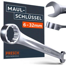Clé à anneau de haute qualité PRESCH en acier chrome‑vanadium. L’image montre en détail le côté anneau et le côté mâchoire avant l’emballage du produit, qui met en évidence la gamme de tailles de 6 à 32 mm.
