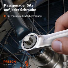 Macro photo de la clé lors du serrage d'un écrou de roue. Les flancs précis entourent l'écrou exactement pour une transmission maximale de la puissance sans glissement.