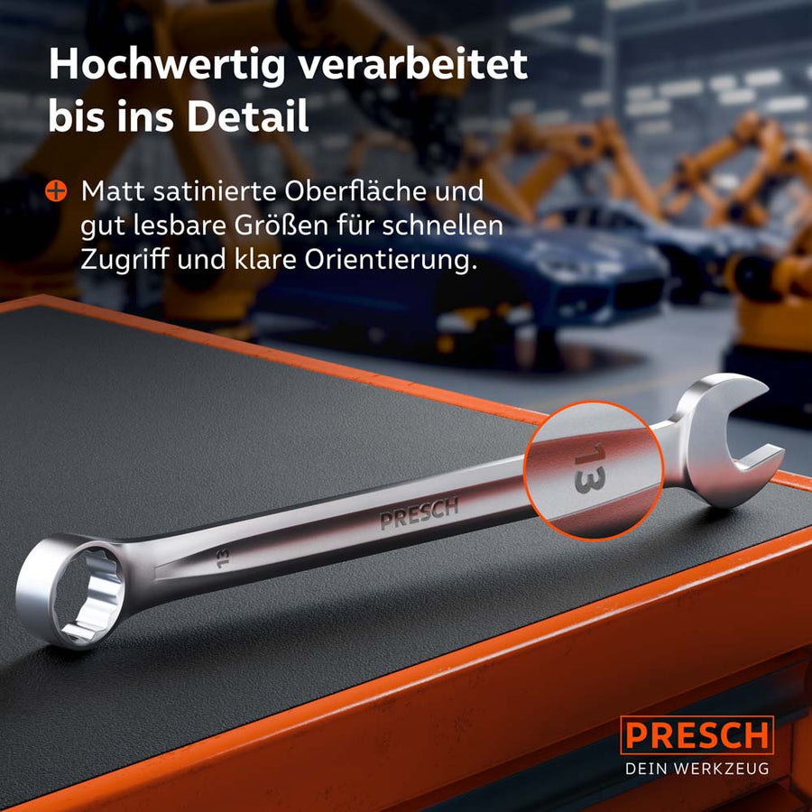 Gros plan de la surface mate satinée. Un agrandissement circulaire montre la largeur de clé clairement marquée (ici 13 mm) pour un accès rapide et une orientation claire.