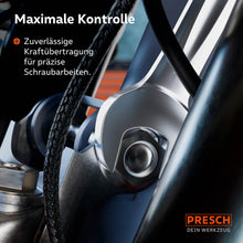 Gros plan d'une clé à douille PRESCH en utilisation sur une connexion mécanique complexe. La partie mâle, usinée avec précision, entoure parfaitement un écrou hexagonal et assure une transmission de puissance fiable lors de travaux de vissage délicats.