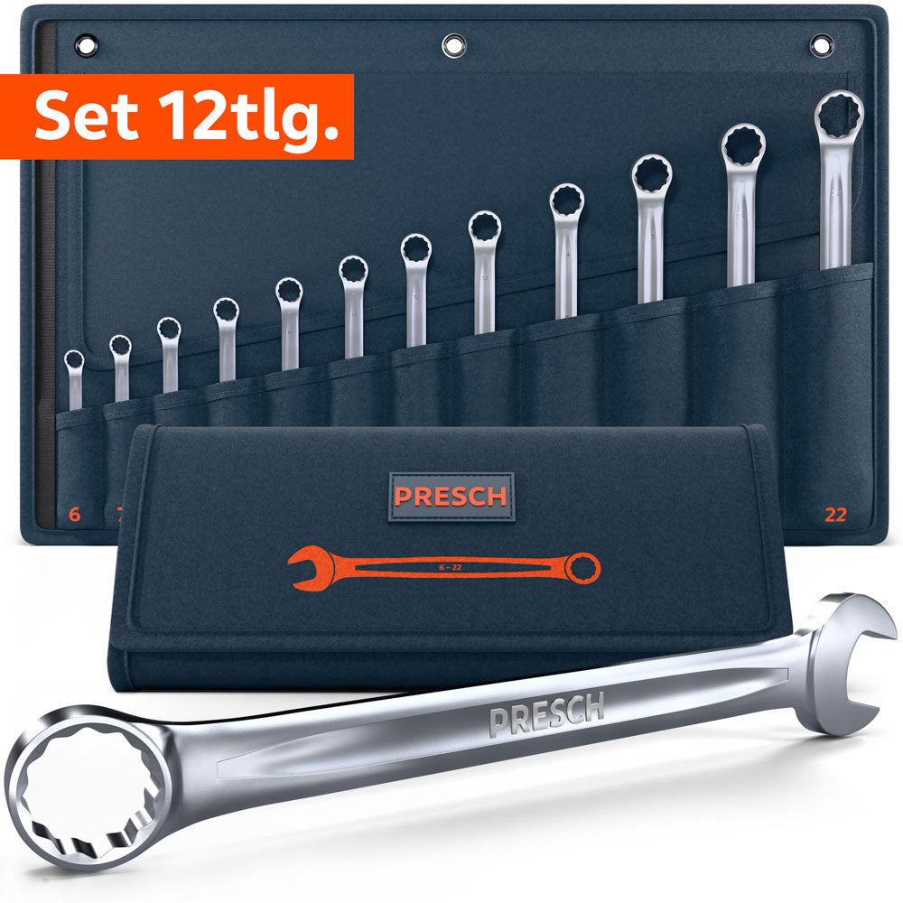 12-teiliges PRESCH Ringmaulschlüssel Set in einer dunkelblauen Rolltasche. Das Set deckt alle gängigen Größen von 6 mm bis 22 mm ab. Im Vordergrund ist ein einzelner Schlüssel mit Ring- und Maulseite detailliert abgebildet.