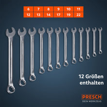 Graphique d'aperçu du set : toutes les douze tailles de clés (6, 7, 8, 9, 10, 11, 12, 13, 14, 17, 19 et 22 mm) sont présentées triées par taille.