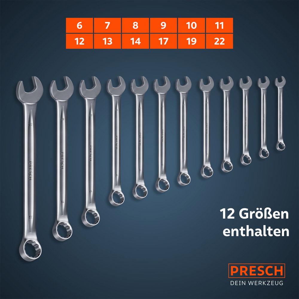 Übersichtsgrafik des Sets: Alle zwölf Schlüsselweiten (6, 7, 8, 9, 10, 11, 12, 13, 14, 17, 19 und 22 mm) sind der Größe nach sortiert dargestellt.