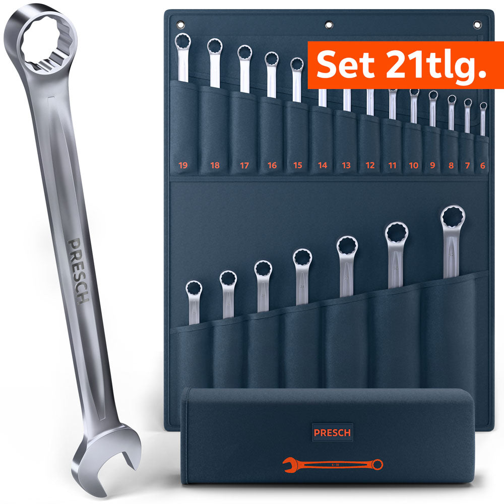 Umfangreiches 21-teiliges PRESCH Ringmaulschlüssel Set in einer großen, dunkelblauen Rolltasche. Das Set deckt ein breites Spektrum von 6 mm bis 32 mm ab. Im Vordergrund ist ein großer Schlüssel mit Ring- und Maulseite detailliert abgebildet.