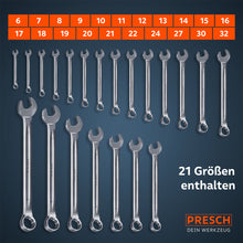 Graphique d’ensemble du jeu complet : toutes les 21 tailles de clé (6, 7, 8, 9, 10, 11, 12, 13, 14, 15, 16, 17, 18, 19, 20, 21, 22, 24, 27, 30 et 32 mm) sont présentées triées par taille.
