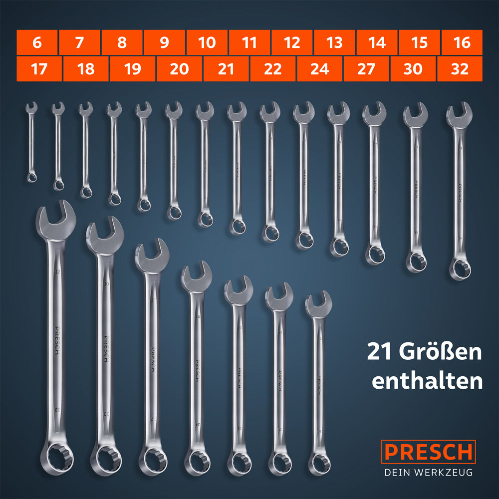 Übersichtsgrafik des vollständigen Sets: Alle 21 Schlüsselweiten (6, 7, 8, 9, 10, 11, 12, 13, 14, 15, 16, 17, 18, 19, 20, 21, 22, 24, 27, 30 und 32 mm) sind der Größe nach sortiert dargestellt.