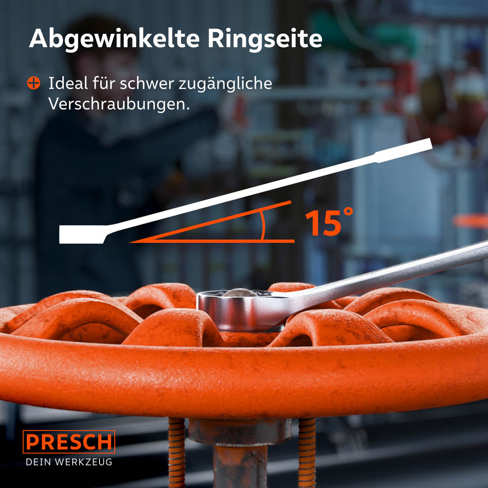 Nahaufnahme eines Schlüssels im Einsatz an einem großen Ventilrad. Eine Grafik illustriert die 15°-Abwinkelung der Ringseite, die das Arbeiten an tief sitzenden Verschraubungen erleichtert und Platz für die Hand bietet.