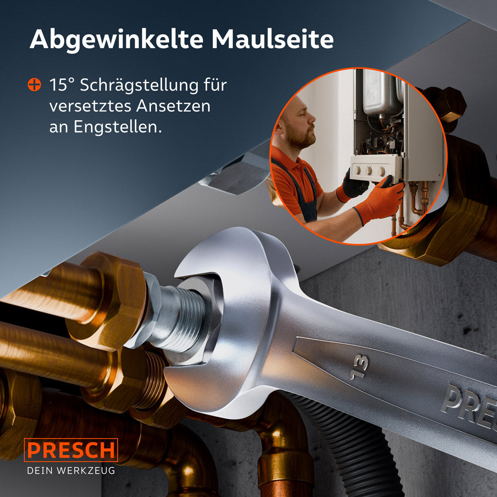 Anwendung an einer komplexen Rohrverbindung. Die 15°-Schrägstellung der Maulseite erlaubt ein effizientes, versetztes Ansetzen an Engstellen, z. B. bei Sanitärinstallationen.