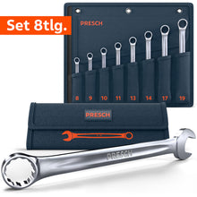 Ensemble de clés à douille à anneau 8 pièces dans une sacoche à roulettes bleu foncé. L'ensemble comprend les tailles courantes 8, 9, 10, 11, 13, 14, 17 et 19 mm. Au premier plan, une clé individuelle, fabriquée de façon haut de gamme, est présentée en détail.