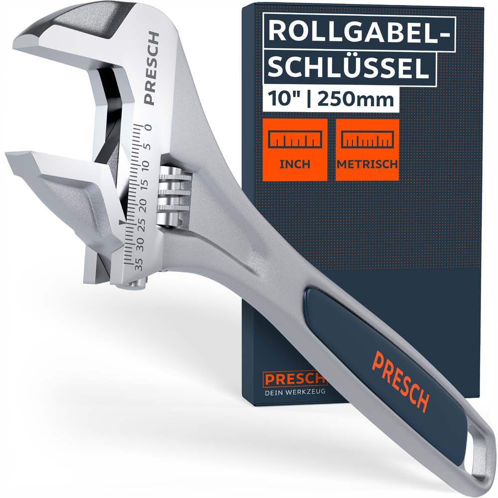 PRESCH clé à cliquet 10" (250 mm) – clé à douille réglable de haute qualité avec une échelle en pouces et métrique gravée au laser ainsi qu’une poignée ergonomique.