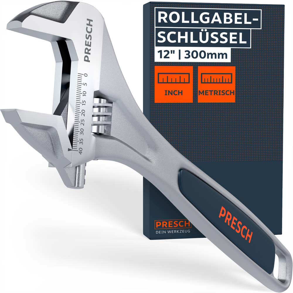 Clé réglable PRESCH 12" (300 mm) - Clé à fourche réglable de grande taille et de haute qualité avec échelle en pouces et en millimètres gravée au laser et poignée ergonomique.