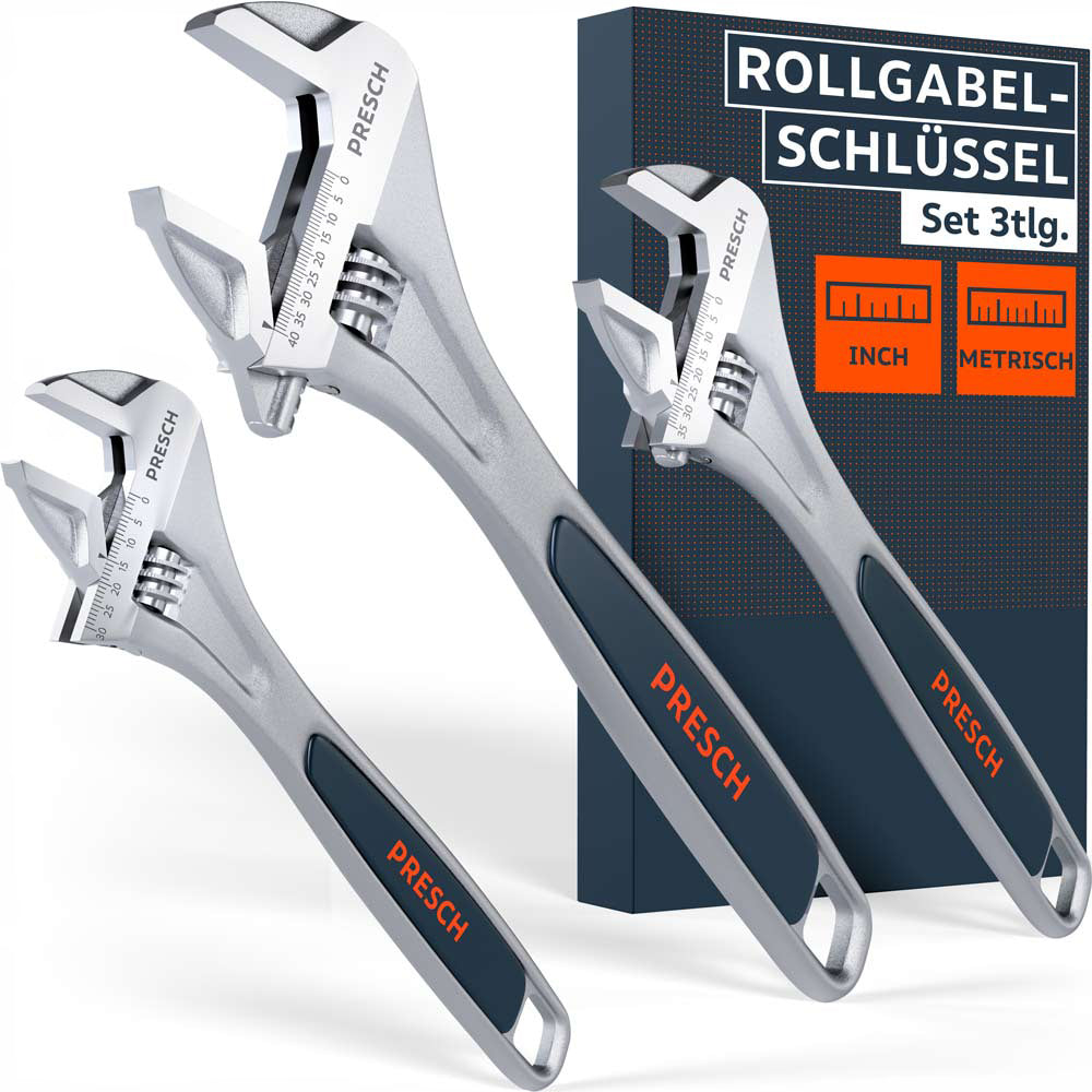 PRESCH Rollgabelschlüssel Set 3-tlg. – Hochwertiges Werkzeug-Set bestehend aus den Größen 8" (200 mm), 10" (250 mm) und 12" (300 mm) mit ergonomischen Griffen und Doppelskalierung.