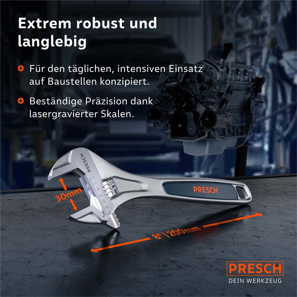 Dimensions du produit et robustesse : Avec une longueur de 200 mm (8 ") et une envergure maximale de 30 mm, l’outil est conçu pour un usage quotidien intensif.