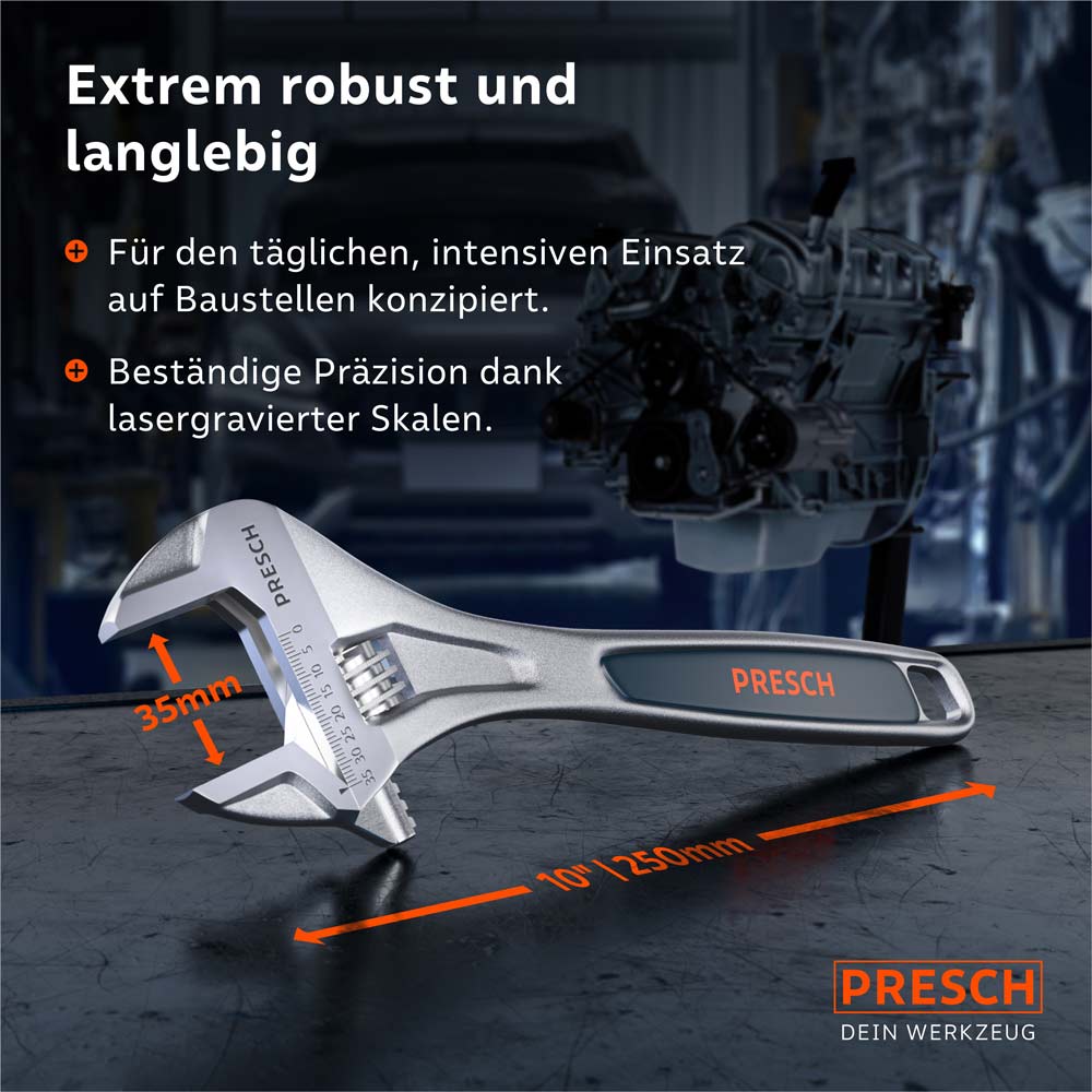 Dimensions du produit et robustesse : avec une longueur de 250 mm (10 ") et une portée maximale de 35 mm, l’outil est conçu pour une utilisation quotidienne intensive sur les chantiers.