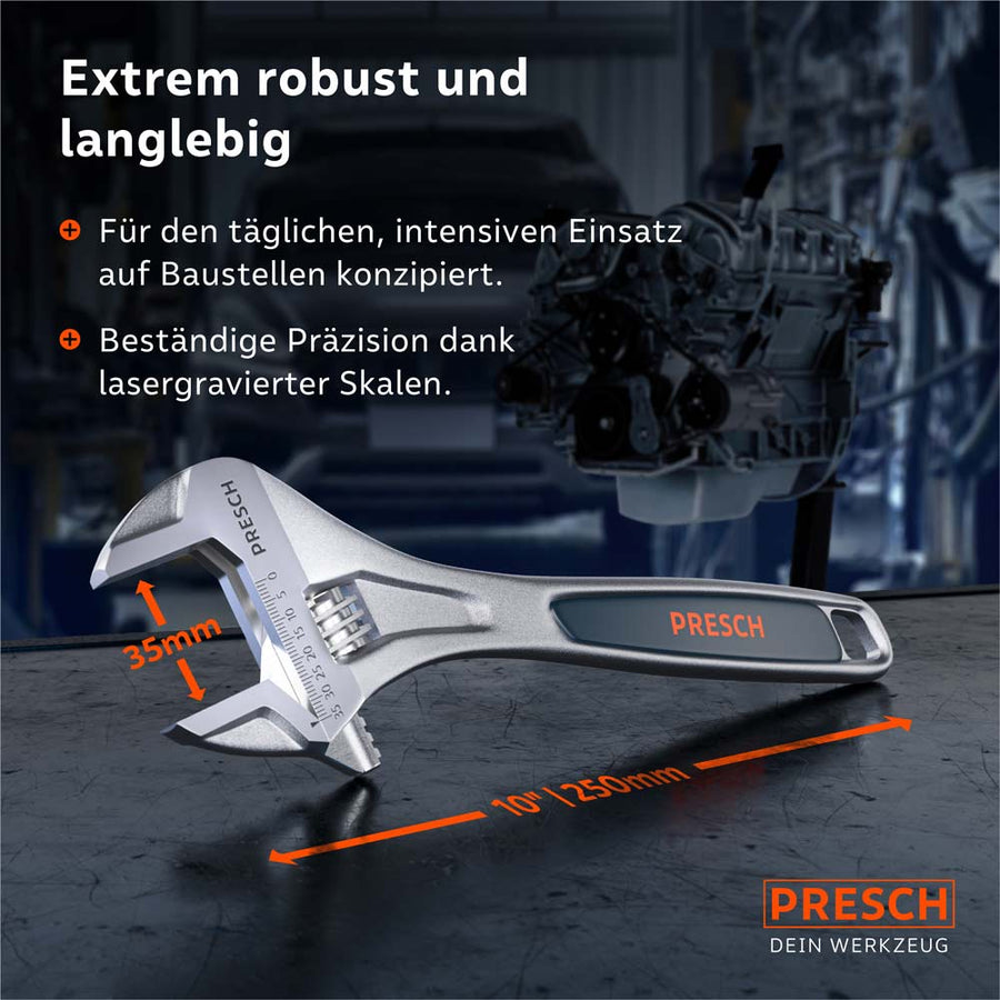 Dimensions du produit et robustesse : avec une longueur de 250 mm (10 ") et une portée maximale de 35 mm, l’outil est conçu pour une utilisation quotidienne intensive sur les chantiers.