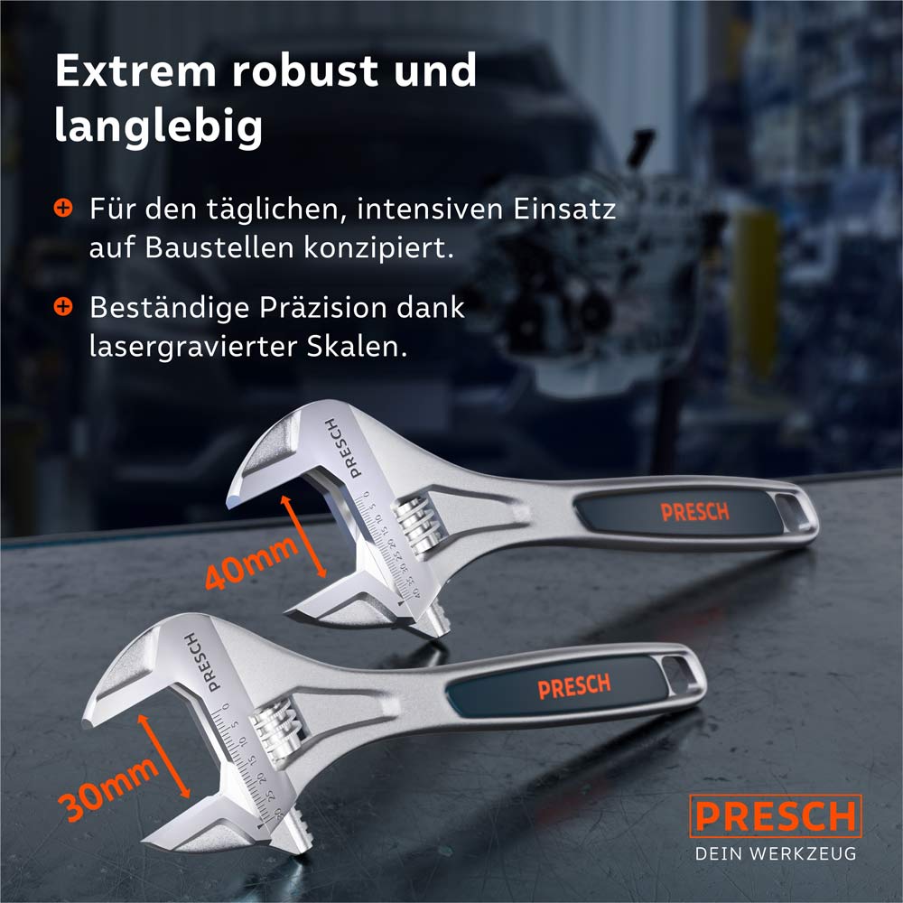 Dimensions du produit et robustesse du jeu : Le ensemble d'outils couvre des portées de 30 mm et 40 mm et, grâce à des échelles gravées au laser, reste durablement précis et convient à une utilisation intensive sur chantier.