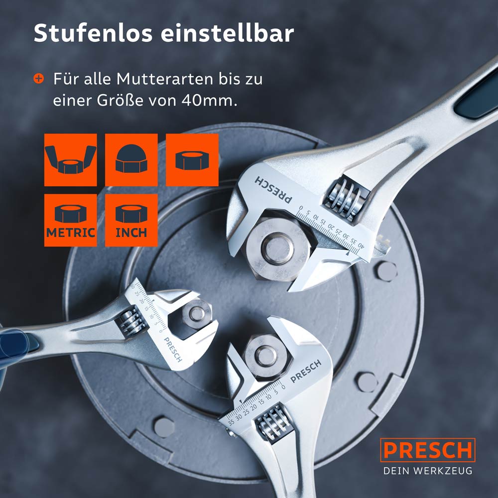 Die drei Rollgabelschlüssel im direkten Größenvergleich bei der Arbeit; stufenlos einstellbar für Muttern bis zu 30 mm, 35 mm und 40 mm Durchmesser.
