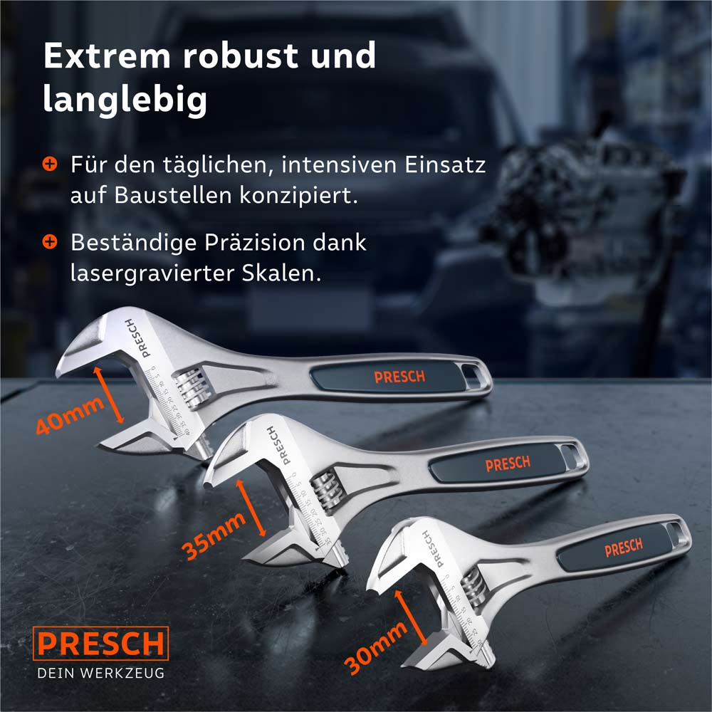 Produktmaße und Robustheit des Sets: Das 3er Set deckt Spannweiten von 30 mm bis 40 mm ab; lasergravierte Skalen sorgen für beständige Präzision im täglichen Baustelleneinsatz.