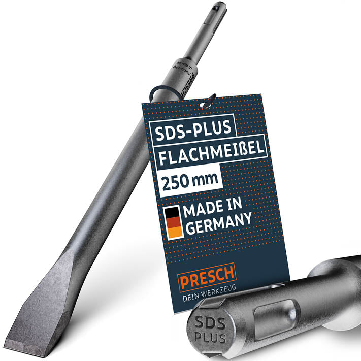 PRESCH SDS-PLUS Flachmeißel 250 mm, langer Meißel für Bauarbeiten und Renovierungen, Meißelwerkzeug Made in Germany