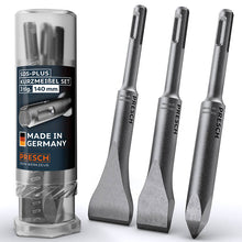 Ensemble de burins courts SDS‑Plus de Presch avec trois burins, burins plats et burins pointus, finition de haute qualité.