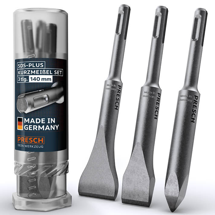 Ensemble de burins courts SDS‑Plus de Presch avec trois burins, burins plats et burins pointus, finition de haute qualité.