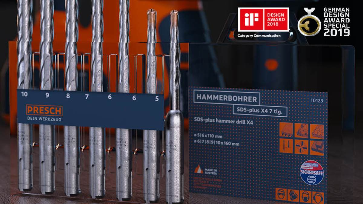 PRESCH SDS-Plus Hammerbohrer-Set mit verschiedenen Größen zur präzisen Bohrung in Beton und Mauerwerk, ausgezeichnet mit Designpreisen.