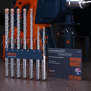 PRESCH SDS Plus Hammerbohrer Set X4 für Bohrhammer mit verschiedenen Bohrdurchmessern und Längen, inklusive Aufbewahrungsbox.