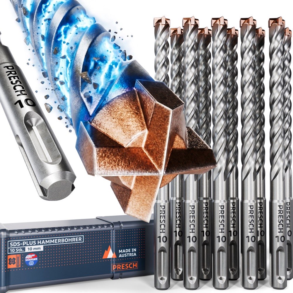 PRESCH SDS-Plus Hammerbohrer 10mm, 10er Set mit Vollhartmetall-4-Schneider-Spitze und SDS-Plus-Schaft, daneben die dazugehörige Aufbewahrungsbox, Made in Austria