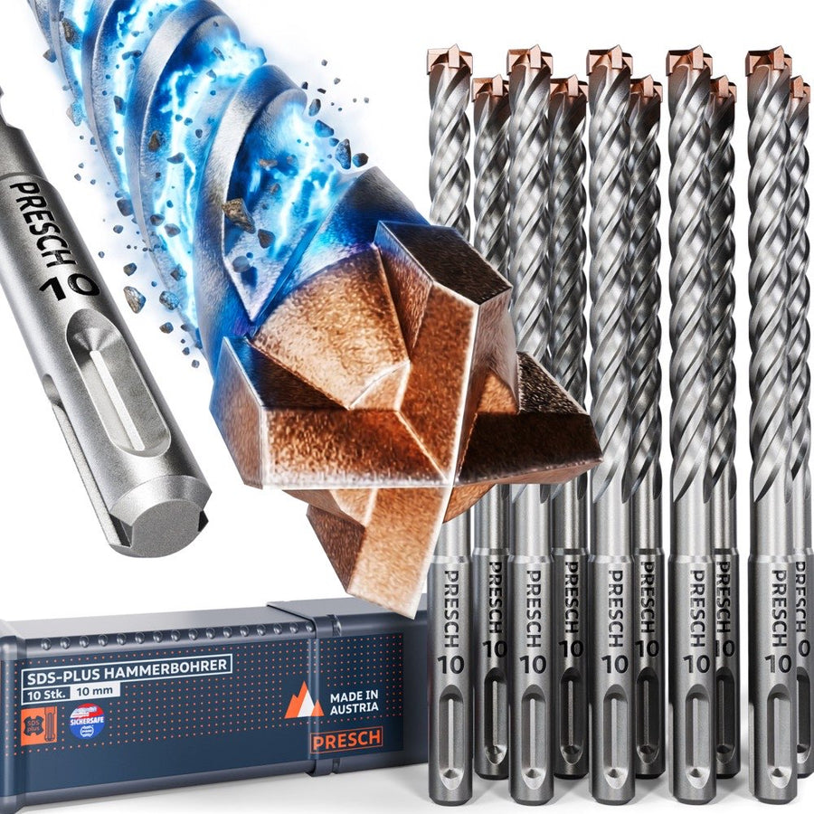 Foret SDS-Plus PREISCH 10mm, lot de 10 avec pointe à quatre taillants en carbure massif et queue SDS-Plus, ainsi que la boîte de rangement assortie, fabriqué en Autriche