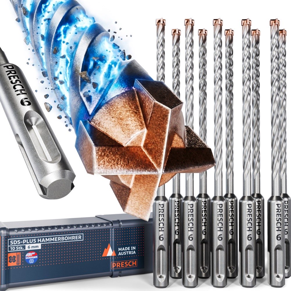 PRESCH SDS-Plus Hammerbohrer 6mm, 10er Set mit Vollhartmetall-4-Schneider-Spitze und SDS-Plus-Schaft, daneben die dazugehörige Aufbewahrungsbox, Made in Austria