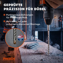 Marteau perforateur SDS-Plus positionne précisément les forets dans le béton, chevilles adjacentes avec logo de certification SICHERSAFE dans le champ de vision
