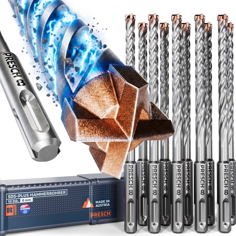 PRESCH SDS-Plus Hammerbohrer 8mm, 10er Set mit Vollhartmetall-4-Schneider-Spitze und SDS-Plus-Schaft, daneben die dazugehörige Aufbewahrungsbox, Made in Austria