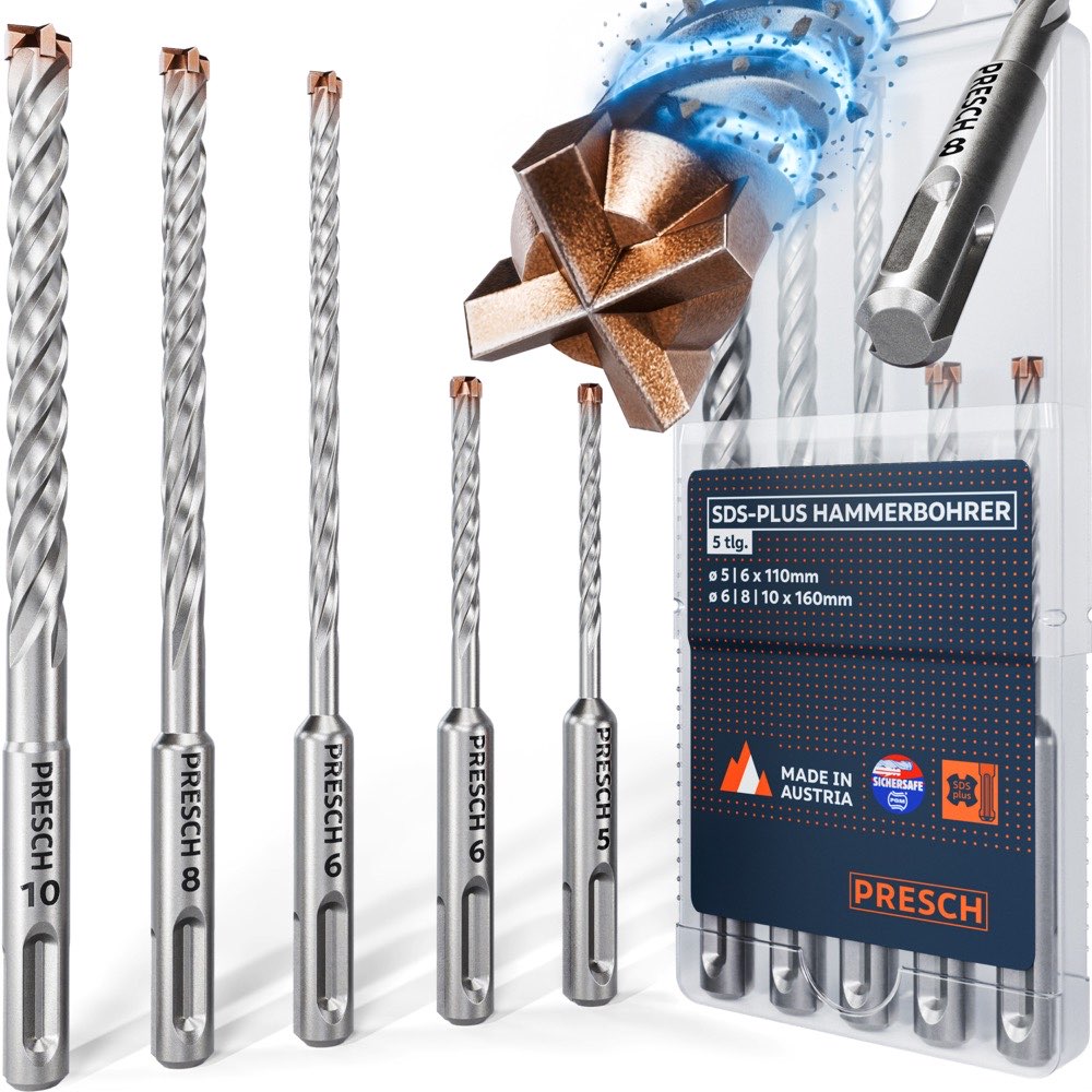 PRESCH SDS-Plus Hammerbohrer Set 5-teilig mit Vollhartmetall-4-Schneider-Spitze, fünf Bohrer in den Durchmessern 5, 6, 8 und 10mm in transparenter Aufbewahrungsbox, Made in Austria