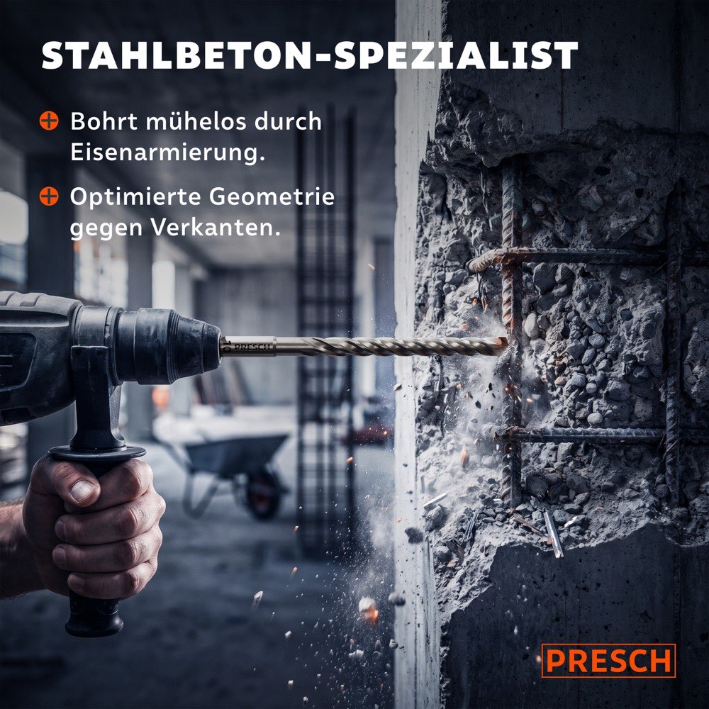 Bohrhammer mit SDS-Plus Hammerbohrer bohrt durch eine eisenarmierte Betonwand, Funken spritzen um die Bewehrungsstäbe