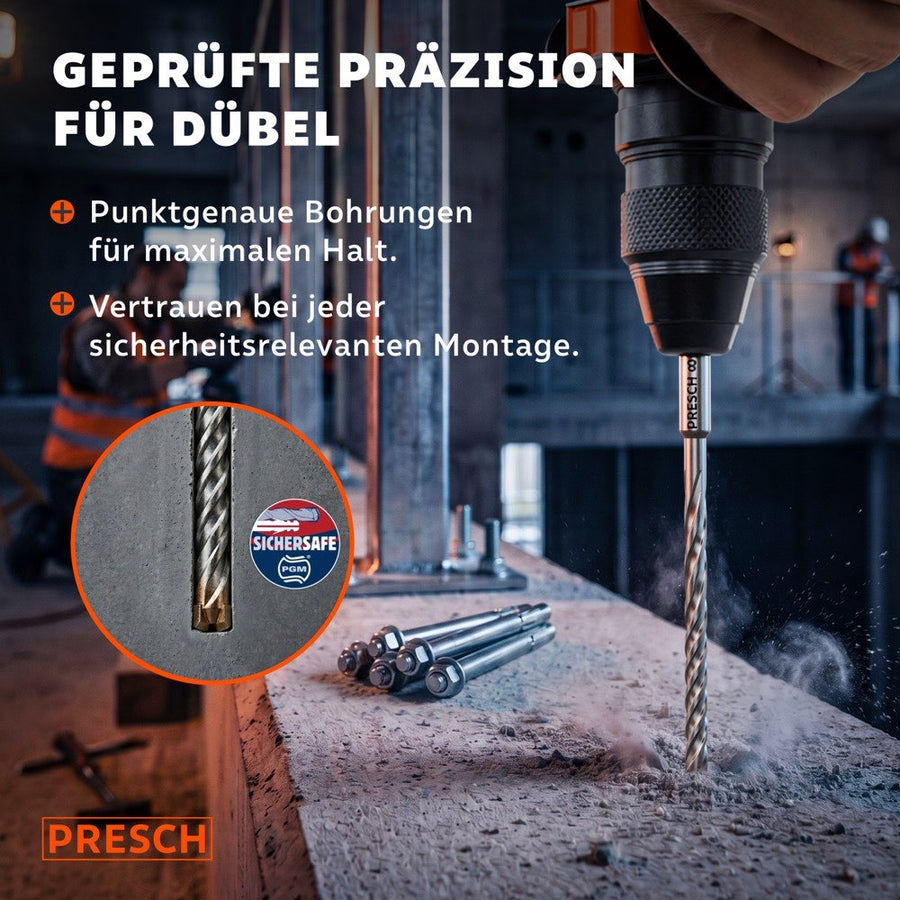 Boorhamer zet SDS-Plus boor nauwkeurig in beton, daarnaast liggende pluggen met SICHERSAFE-certificeringslogo in de afbeelding