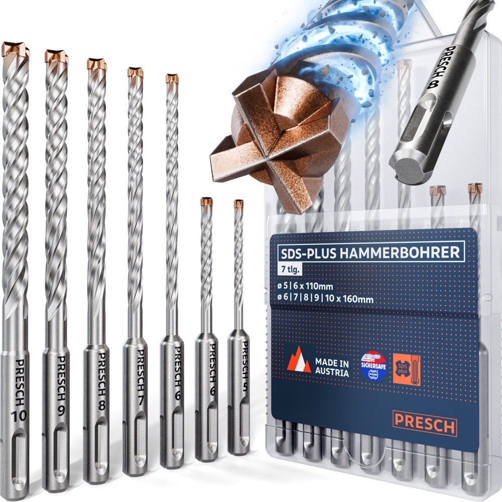 PRESCH SDS-Plus Hammerbohrer Set 7-teilig mit Vollhartmetall-4-Schneider-Spitze, fünf Bohrer in den Durchmessern 5, 6, 7, 8, 9 und 10mm in transparenter Aufbewahrungsbox, Made in Austria