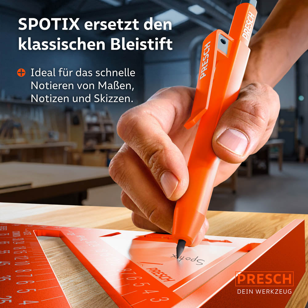 Nahaufnahme: Der SPOTIX Marker wird wie ein Bleistift zum Skizzieren und Notieren von Maßen auf einem Werkstück aus Holz verwendet.