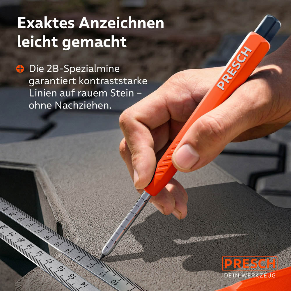 Präzises Anzeichnen auf rauem Stein: Die 2B-Spezialmine des SPOTIX liefert kontraststarke Linien entlang eines Metallwinkels.