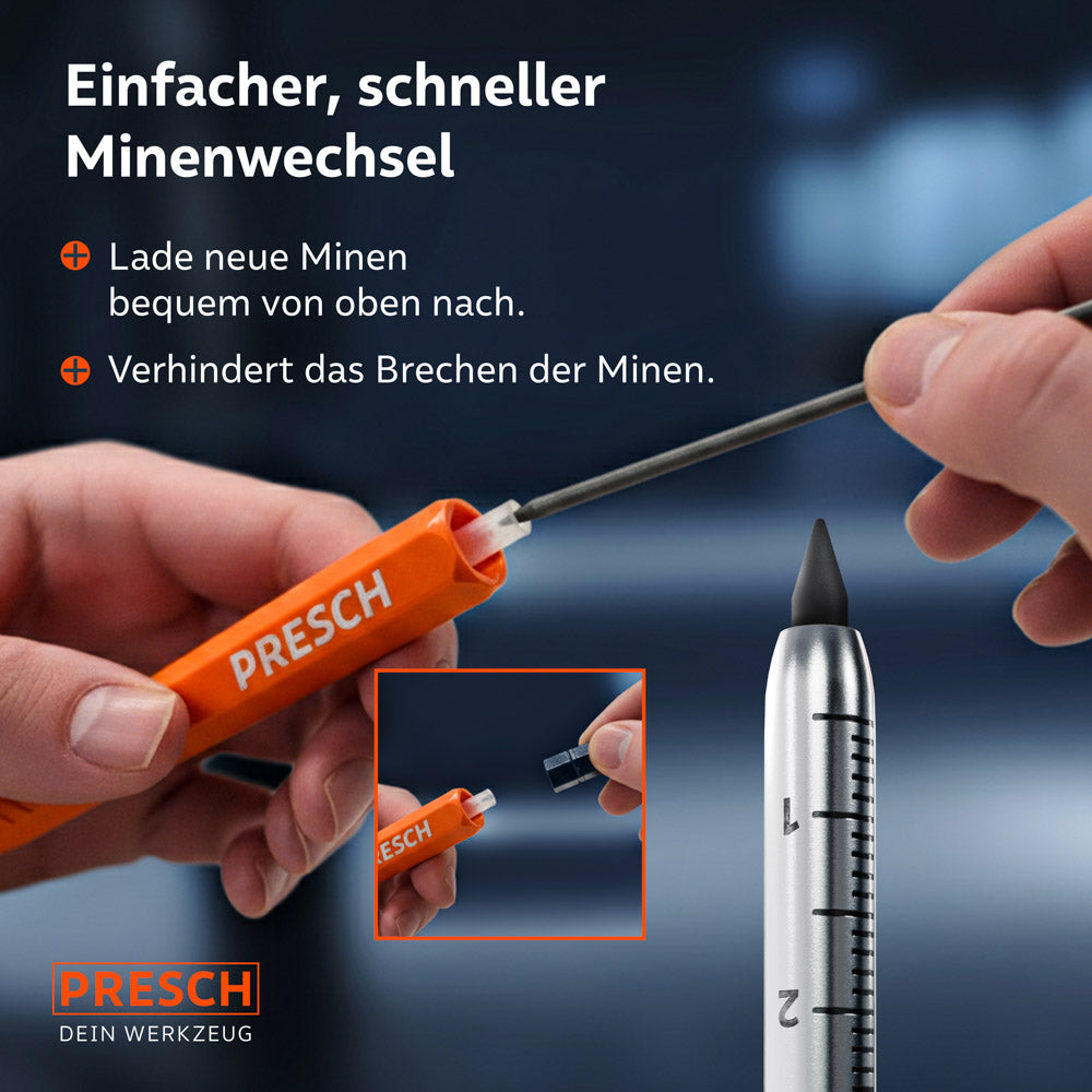 Nahaufnahme des Minenwechsels: Eine neue Ersatzmine wird bequem von oben in den orangen Schaft des Markers eingeführt. Ein Inset zeigt den abgenommenen Druckknopf.